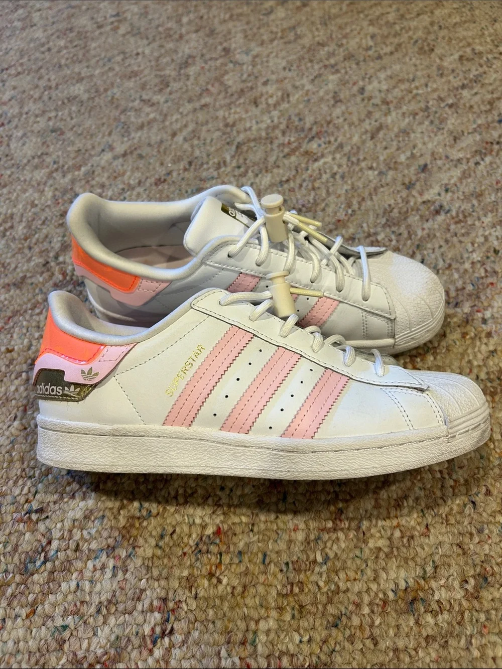 adidas Superstar Sneakers - White with Pink Stripes & Neon Orange Heel